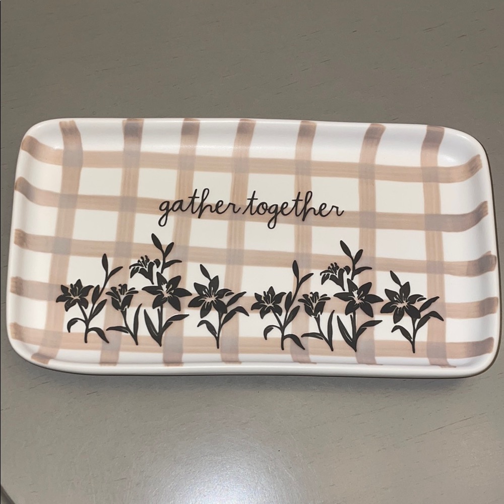 Rae Dunn Gather Together Plaid Ceramic Serving Tray with Floral Design